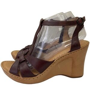 Born‎ Womens Leather T Strap Wedge Sandals Brown Size 10/42 Robin Cliff Side